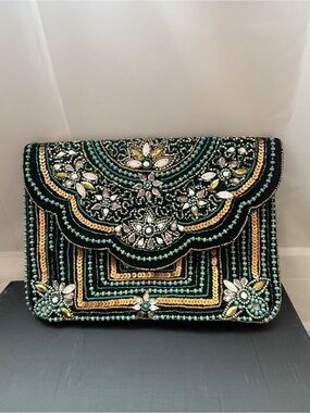 Lulu's Black Beaded Floral Sequin Clutch with Teal and Gold Accents